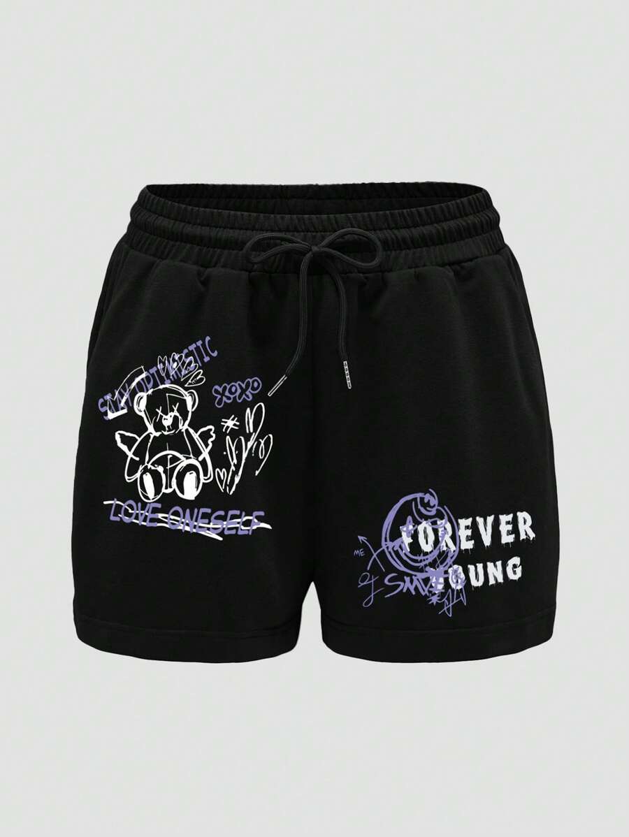INAWLY 字母圖案腰部抽繩短褲 - 黑色 - 查看 1