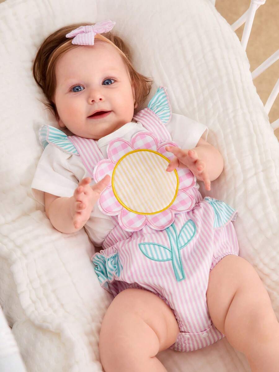 Baby Striped Print Flower Design Costume Bodysuit - Multicolor - View 1