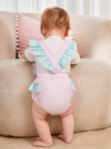 Baby Striped Print Flower Design Costume Bodysuit - Multicolor - View 2