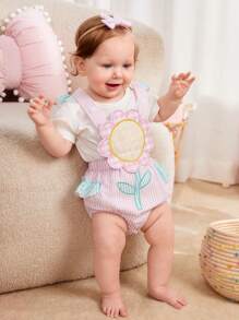 Baby Striped Print Flower Design Costume Bodysuit - Multicolor - View 4