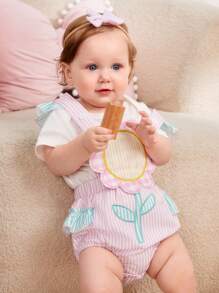 Baby Striped Print Flower Design Costume Bodysuit - Multicolor - View 6