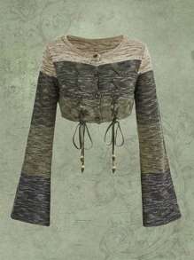 ROMWE Fairycore Cárdigan crop de space dye con cordón delantero - Multicolor - Ver 2