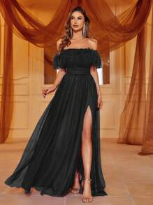 Off Shoulder Ruffle Trim Split Thigh Mesh Dress Black Elegant Formal Evening Prom Wedding Guest Gown, For Graduation, Dinner Party Dress - Black - View 1