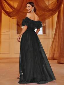 Off Shoulder Ruffle Trim Split Thigh Mesh Dress Black Elegant Formal Evening Prom Wedding Guest Gown, For Graduation, Dinner Party Dress - Black - View 2