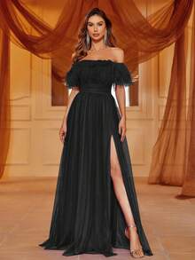 Off Shoulder Ruffle Trim Split Thigh Mesh Dress Black Elegant Formal Evening Prom Wedding Guest Gown, For Graduation, Dinner Party Dress - Black - View 3