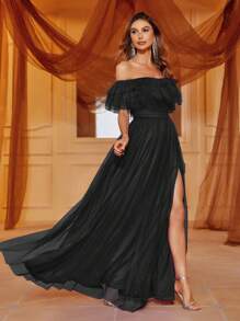 Off Shoulder Ruffle Trim Split Thigh Mesh Dress Black Elegant Formal Evening Prom Wedding Guest Gown, For Graduation, Dinner Party Dress - Black - View 4