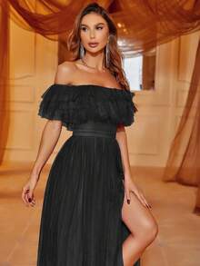 Off Shoulder Ruffle Trim Split Thigh Mesh Dress Black Elegant Formal Evening Prom Wedding Guest Gown, For Graduation, Dinner Party Dress - Black - View 6