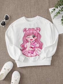 SHEIN 女大童人像圖案落肩袖運動衫 - 白色 - 查看 1