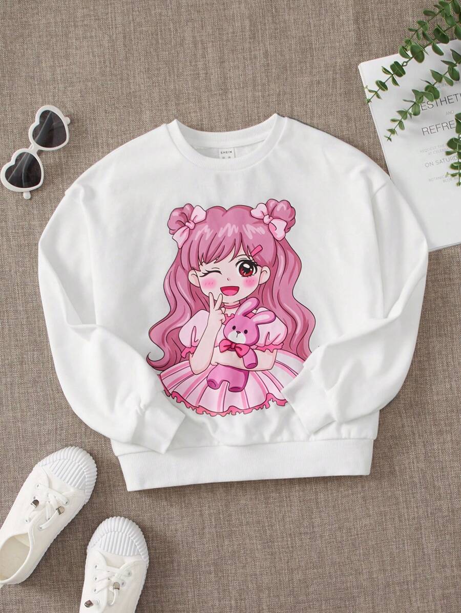 SHEIN 女大童人像圖案落肩袖運動衫 - 白色 - 查看 1