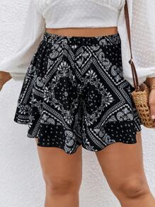 Flirla 大碼佩斯利絲巾圖案荷葉邊短褲 - 黑與白 - 查看 1