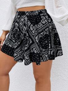 Flirla 大碼佩斯利絲巾圖案荷葉邊短褲 - 黑與白 - 查看 3