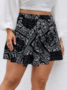 Flirla 大碼佩斯利絲巾圖案荷葉邊短褲 - 黑與白 - 查看 5