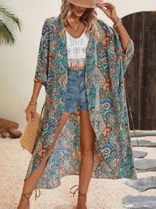 SHEIN LUNE 佩斯利印花蝙蝠袖和服 夏季