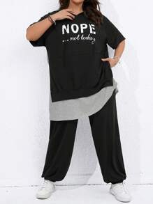 SHEIN LUNE Plus Letter Graphic Drop Shoulder Hoodie & Sweatpants For Summer