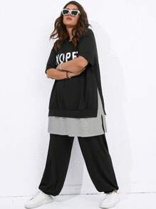SHEIN LUNE Plus Letter Graphic Drop Shoulder Hoodie & Sweatpants For Summer