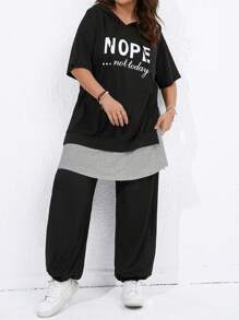 SHEIN LUNE Plus Letter Graphic Drop Shoulder Hoodie & Sweatpants For Summer