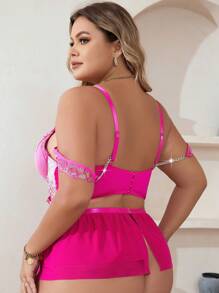 Plus 5pack Floral Lace Underwire Garter Lingerie Set - Hot Pink - View 2