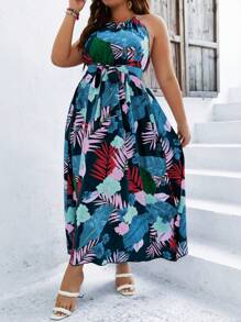 SHEIN Holidaya Plus Tropical Print Belted Halter Dress
