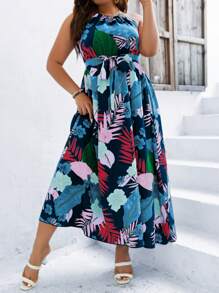 SHEIN Holidaya Plus Tropical Print Belted Halter Dress