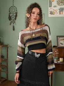 ROMWE Hippie Mẫu sọc Xu hướng: Cắt giảm Áo len Crop - Nhiều màu - Xem 1