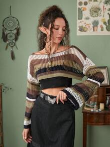 ROMWE Hippie Mẫu sọc Xu hướng: Cắt giảm Áo len Crop - Nhiều màu - Xem 9