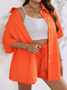 SHEIN Clasi 大碼落肩袖襯衫和短褲 - 橘色 - 查看 3