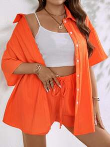 SHEIN Clasi 大碼落肩袖襯衫和短褲 - 橘色 - 查看 5