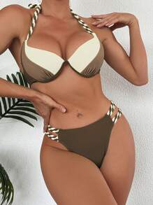 Swim Vcay Push-Up Bikini mit Farbblock, Neckholder, - Braun - Übersicht 6