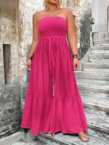 SHEIN Clasi Plus Ruffle Hem Belted Tube Wide Leg Jumpsuit - Hot Pink - View 1