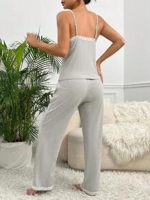 SHEIN Contrast Lace Ribbed Knit PJ Set / Pajama Set Lounge Set - Light Grey - View 2