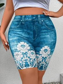 Calvaya 大碼印花騎行褲 - 水鴨藍 - 查看 5