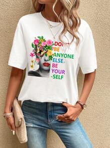 SHEIN LUNE Camiseta con estampado de slogan y figura - Blanco - Ver 1