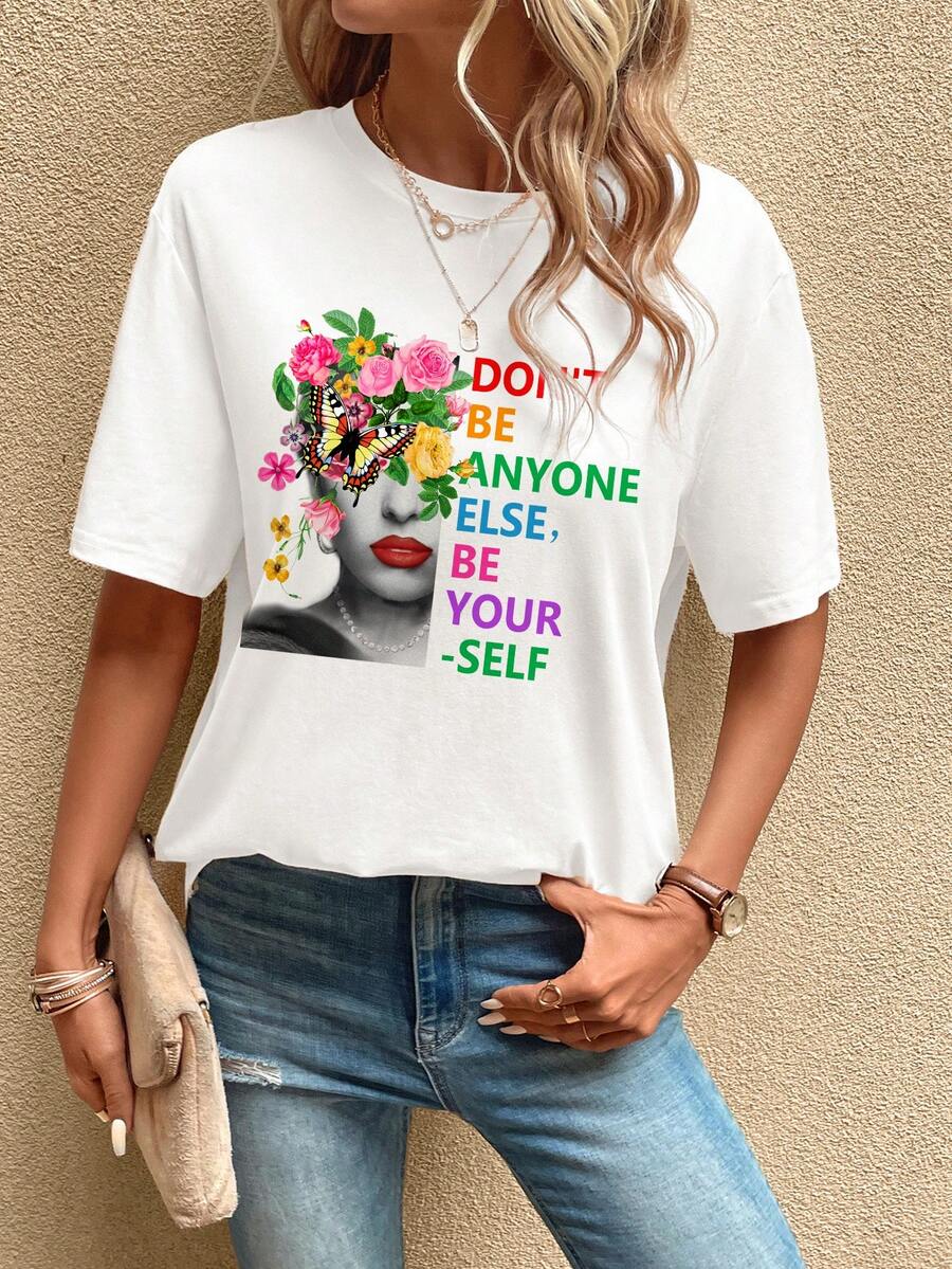 SHEIN LUNE Camiseta con estampado de slogan y figura - Blanco - Ver 1