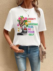 SHEIN LUNE Camiseta con estampado de slogan y figura - Blanco - Ver 4