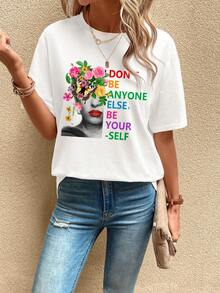SHEIN LUNE Camiseta con estampado de slogan y figura - Blanco - Ver 6