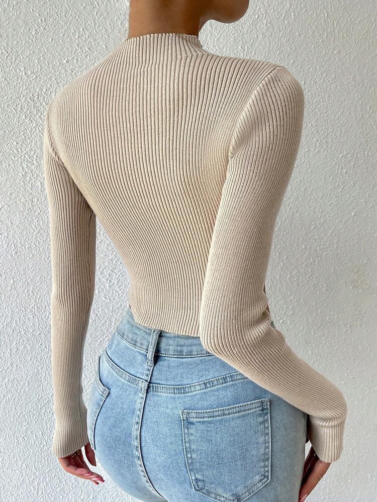 Notched Neck Ribbed Knit Crop Knit Pullover Fall Winter Sweater