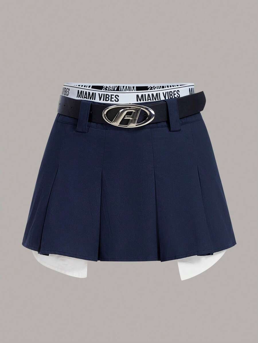 SHEIN EZwear 大碼字母圖案百褶半身裙附腰帶 - 彩色 - 查看 1