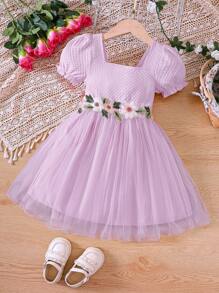 女小童貼花泡泡袖網紗覆蓋連衣裙 - 淡紫色 - 查看 1