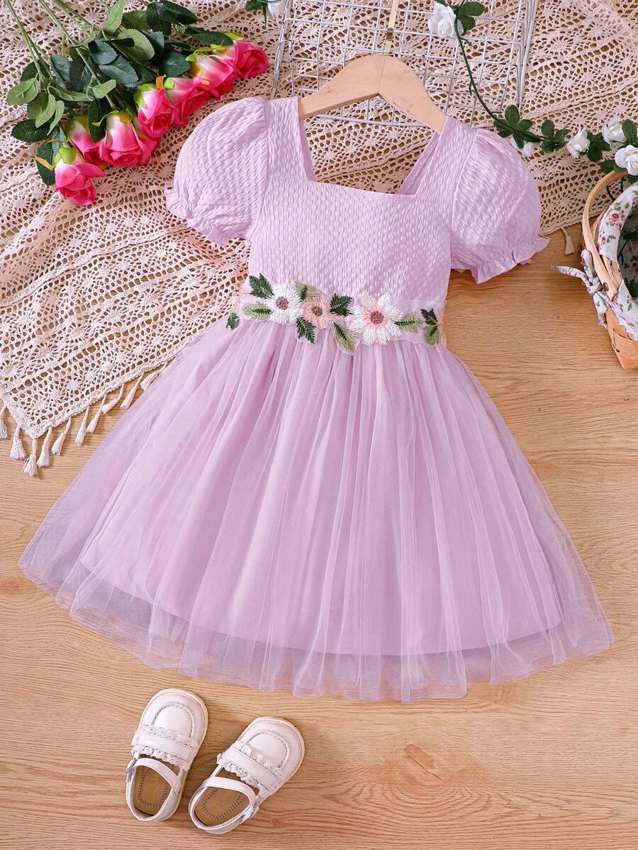 女小童貼花泡泡袖網紗覆蓋連衣裙 - 淡紫色 - 查看 1