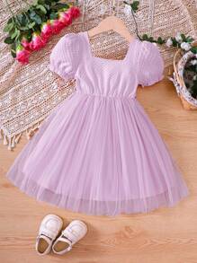 女小童貼花泡泡袖網紗覆蓋連衣裙 - 淡紫色 - 查看 2