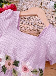 女小童貼花泡泡袖網紗覆蓋連衣裙 - 淡紫色 - 查看 5