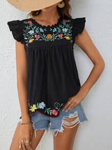 SHEIN VCAY 花卉刺繡荷葉邊後鎖孔襯衫 - 黑色 - 查看 1