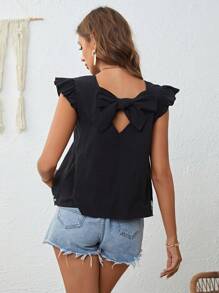 SHEIN VCAY 花卉刺繡荷葉邊後鎖孔襯衫 - 黑色 - 查看 2