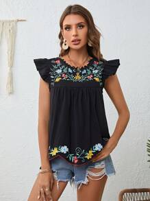 SHEIN VCAY 花卉刺繡荷葉邊後鎖孔襯衫 - 黑色 - 查看 4