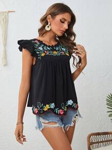 SHEIN VCAY 花卉刺繡荷葉邊後鎖孔襯衫 - 黑色 - 查看 5