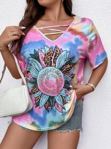 SHEIN LUNE 大碼紮染向日葵圖案T恤 - 彩色 - 查看 3