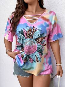 SHEIN LUNE 大碼紮染向日葵圖案T恤 - 彩色 - 查看 4