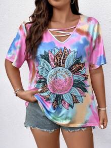 SHEIN LUNE 大碼紮染向日葵圖案T恤 - 彩色 - 查看 6