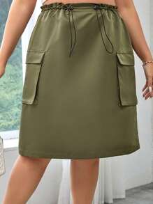 Flirla Hơn Túi có nắp Eo dây rút Váy chở hàng - xanh quân đội - Xem 4