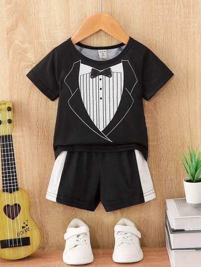 SHEIN 男嬰插肩袖假兩入組T恤和短褲